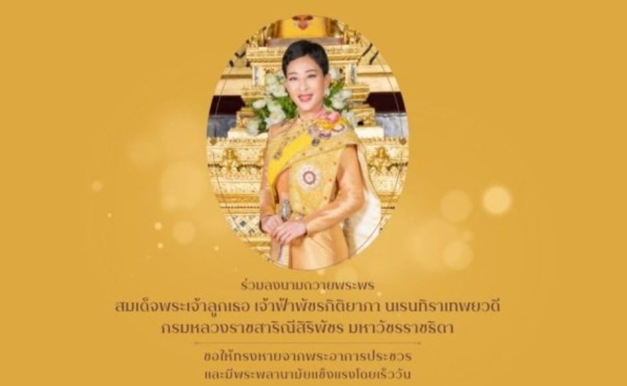 สำนักพระราชวัง เปิดให้ประชาชนร่วมลงนามถวายพระพร สมเด็จพระเจ้าลูกเธอ เจ้าฟ้าพัชรกิติยาภา นเรนทิราเทพยวดี กรมหลวงราชสาริณีสิริพัชร มหาวัชรราชธิดา ขอให้ทรงหายจากพระอาการประชวรและมีพระพลานามัยแข็งแรงโดยเร็ววัน ผ่านระบบออนไลน์
